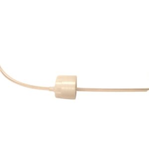 A beige plastic security tag with a hook end resembles the Justrite Tip-Tube-& Cap Assy-- 14009. It showcases a cylindrical locking mechanism, all set against a plain white background, designed to deter theft.