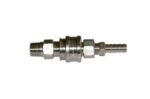 The Justrite Ss Disconnect Repl For 12014 features a metal hose coupling with threaded fittings, cylindrical and hexagonal segments, and a barbed end for secure attachment, all set against a white background.