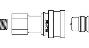 A technical drawing shows the disassembled Justrite Fitting, Discnt, Ss, Ptfe 1/4 with various components like two threaded sections, a M14x1.5 middle section, and a barbed end on the right, all aligned for precise assembly.