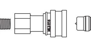 Exploded view diagram of a mechanical fitting assembly featuring Justrite Fitting, Discnt, Ss, Vitn 3/8, cylindrical parts, and gaskets. Labeled M43116, with each component aligned sequentially from left to right.