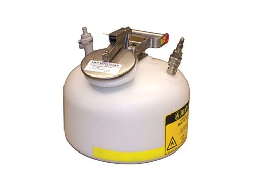 A white, round Justrite Can Qd Inflow Round Pol 2G features a metal lid with a latch and a yellow warning label. It includes two small nozzles on top and a red tag to ensure the inflow system operates safely.