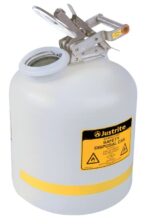 The Justrite Displ Poly W/Ss 5G Wht safety can is white with a yellow label and safety warnings, featuring a metal handle and a spout-equipped spring-loaded lid for secure storage and disposal of hazardous materials.