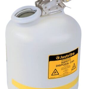 The Justrite Displ Poly W/Ss 5G Wht safety can is white with a yellow label and safety warnings, featuring a metal handle and a spout-equipped spring-loaded lid for secure storage and disposal of hazardous materials.