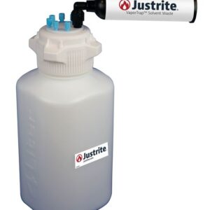 The Justrite Car, HDPE, 4L bottle with an 83mm cap and 6 ports includes a black vapor filter attachment. Its brand logo ensures safety and efficiency in your workspace.
