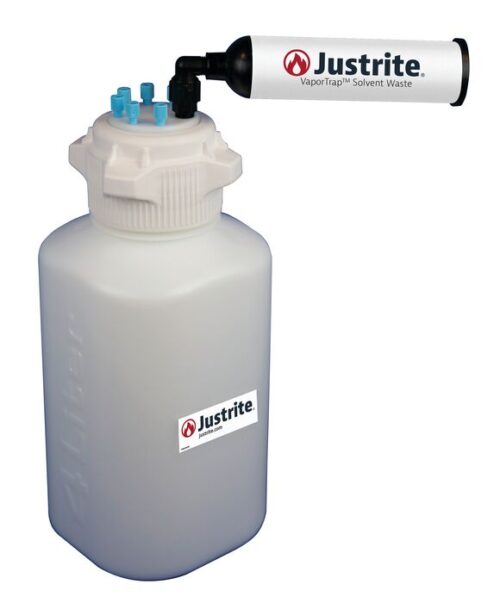The Justrite Car, HDPE, 4L bottle with an 83mm cap and 6 ports includes a black vapor filter attachment. Its brand logo ensures safety and efficiency in your workspace.