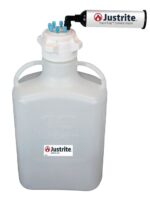 A 10L white Justrite Car with an 83mm blue-capped lid, black VaporTrap solvent waste tube, and 6Prt design features dual handles for easy transport.