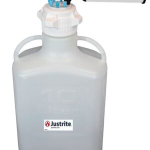 A 10L white Justrite Car with an 83mm blue-capped lid, black VaporTrap solvent waste tube, and 6Prt design features dual handles for easy transport.