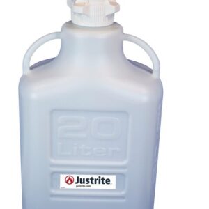 The Justrite Car HDPE 20L container features a VaporTrap device, has blue-capped nozzles, two side handles for easy carrying, and is marked with the Justrite logo.