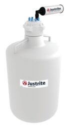 The Justrite Car HDPE 20L container features a white body, an 83mm cap, black valve with hose attachment for liquid transfer or ventilation, and displays the Justrite logo with a hazard symbol and the website Justrite.com.