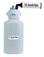 A Justrite Car HDPE 4L solvent waste container with an 83mm cap and black/white tube attachment, labeled with the Justrite logo, features a secure screw-on lid displaying the brands name.