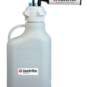 The Justrite Car HDPE 5L container with an 83mm cap, featuring a VaporTrap Solvent Waste attachment with multiple valves and a Fil-branded cylindrical addition, is perfect for solvent waste management. It includes an ergonomic handle and a clearly labeled front for easy identification.