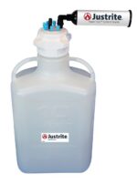 The Justrite Car HDPE 10L container with a black VaporTrap Solvent Waste attachment ensures safe chemical disposal, featuring an 83mm cap, robust handle, and practical design for easy handling.