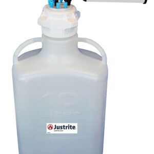 The Justrite Car HDPE 10L container with a black VaporTrap Solvent Waste attachment ensures safe chemical disposal, featuring an 83mm cap, robust handle, and practical design for easy handling.