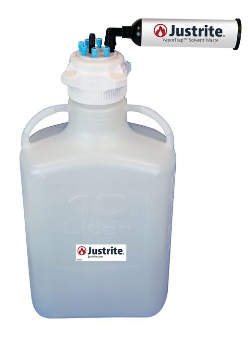 The Justrite Car HDPE 10L container with a black VaporTrap Solvent Waste attachment ensures safe chemical disposal, featuring an 83mm cap, robust handle, and practical design for easy handling.