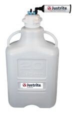 A Justrite Car HDPE 20L container with an 83mm VaporTrap Solvent Waste cap features two durable handles, the Justrite logo, and multiple connectors for efficient solvent waste management.