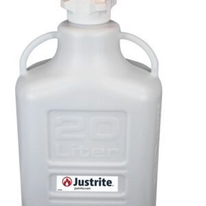 A Justrite Car HDPE 20L container with an 83mm VaporTrap Solvent Waste cap features two durable handles, the Justrite logo, and multiple connectors for efficient solvent waste management.