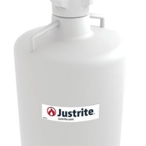 The Justrite Car container is a 20L R, large white HDPE model with an 83Mmcp side branding. It features a cylindrical top with blue and black connectors.