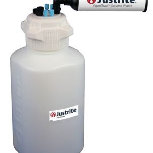 The Justrite container, labeled Car, is a 4-liter white HDPE product with an 83mm cap, a black spout, and safety features like blue ventilation valves.