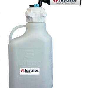 The Justrite Car,Hdpe,5L,83Mmcap,7Port,Fil is a white 5-liter container with a VaporTrap attachment and large handle. It features Justrite branding and a website for enhanced safety and efficiency. The cylindrical VaporTrap also bears the Justrite logo. Integration with 7Port is pending.