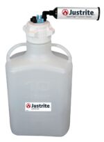 The 10L Justrite Car HDPE container includes a VaporTrap Solvent Waste attachment and has a sleek black finish with a bold white label featuring the Justrite logo. It comes with two sturdy handles and an 83Mmcap for convenience.