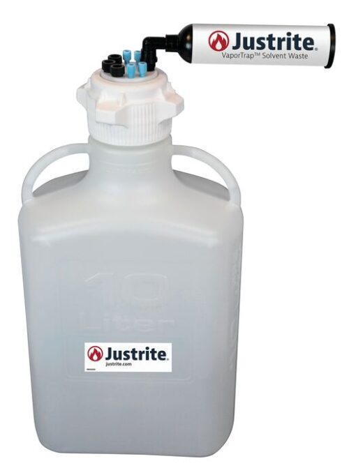 The 10L Justrite Car HDPE container includes a VaporTrap Solvent Waste attachment and has a sleek black finish with a bold white label featuring the Justrite logo. It comes with two sturdy handles and an 83Mmcap for convenience.
