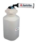 The Justrite Car is a 4-liter HDPE container featuring an 83mm cap, an 8-port filtration system, and a VaporTrap Solvent Waste attachment in black and white. It comes with a gray lid, blue/black caps, and displays the Justrite logo twice.