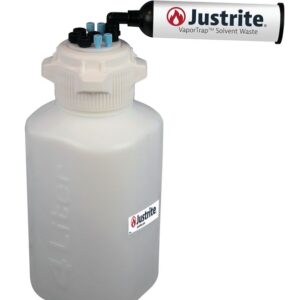 The Justrite Car is a 4-liter HDPE container featuring an 83mm cap, an 8-port filtration system, and a VaporTrap Solvent Waste attachment in black and white. It comes with a gray lid, blue/black caps, and displays the Justrite logo twice.