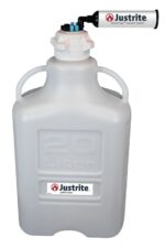 A white, rectangular 20-liter Justrite container with dual handles is shown. It includes a VaporTrap solvent waste adapter and an 83mm cap on top, featuring the Justrite branding and logo. Product: Justrite Car,Hdpe,20L,83Mmcap,8Prt,Fil.