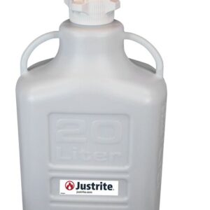 A white, rectangular 20-liter Justrite container with dual handles is shown. It includes a VaporTrap solvent waste adapter and an 83mm cap on top, featuring the Justrite branding and logo. Product: Justrite Car,Hdpe,20L,83Mmcap,8Prt,Fil.