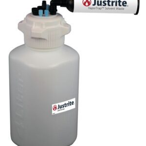 The Justrite Car solvent waste container, made from durable HDPE, features a white body with a labeled filter on top, an 83mm cap, and small blue ports for secure solvent disposal.