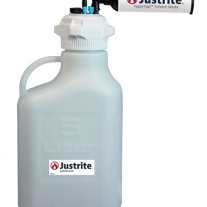 The Justrite Car, Hdpe, 5L container with an 83mm cap and a convenient vapor trap is an effective solution for solvent waste management, showcasing the Justrite logo prominently on its front.