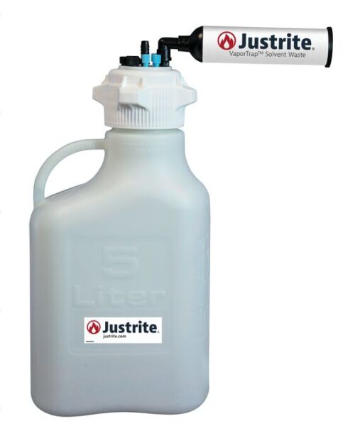 The Justrite Car, Hdpe, 5L container with an 83mm cap and a convenient vapor trap is an effective solution for solvent waste management, showcasing the Justrite logo prominently on its front.