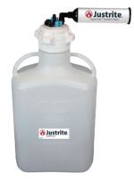 A 10-liter Justrite Car, HDPE with a vapor trap attachment and 83mm cap for secure sealing. This translucent white container is designed for solvent waste collection, featuring the Justrite logo and VaporTrap label.
