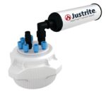 The Justrite Cap, Pp, 83Mm, 6X1/8, 1 Hb, W/Fil is a vapor trap device with blue and black connectors on a white cylindrical base, expertly crafted for efficient solvent waste management.