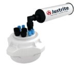 The Justrite Cap,PP,83mm,4x1/8,4x1/4,W/Fil is a vapor management device with a white cylindrical filter marked Justrite VaporTrap Solvent Waste and features a round base with six colored connectors, perfect for handling solvent waste in lab or industrial settings.