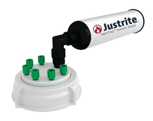 Image of a cylindrical Justrite VaporTrap Solvent Waste container with a white base, green ports, and a black elbow joint connector, featuring a Justrite Cap (PP, 70mm) for safe solvent vapor management.