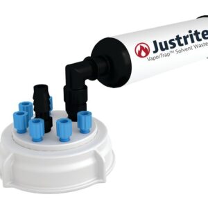 The Justrite Cap, PP, 70mm, 6X 1/8, 1XHB with filter is a vapor trap featuring a white cylindrical body and black ends. It connects to a circular base using multiple blue and black connectors for effective containment.