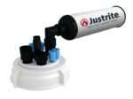The image highlights a Justrite VaporTrap Solvent Waste System with a Justrite Cap, 70mm, featuring a cylindrical filter and blue and black nozzles. This expertly crafted system efficiently manages solvent vapors.