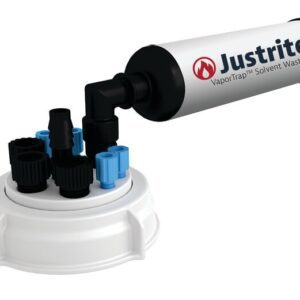 The image highlights a Justrite VaporTrap Solvent Waste System with a Justrite Cap, 70mm, featuring a cylindrical filter and blue and black nozzles. This expertly crafted system efficiently manages solvent vapors.