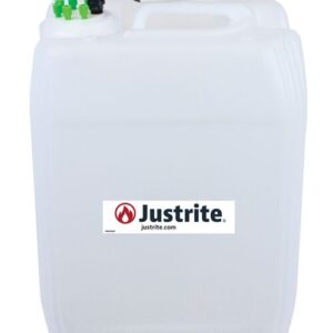 A large white 20L Justrite Car container, made of HDPE plastic, includes a black VaporTrap Solvent Waste adapter with green caps on top and utilizes the 70Cap design for reliable sealing.