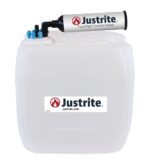 The white Justrite Car features a VaporTrap adapter, blue valves, and prominently displays the logo and website. This efficient solvent waste container ensures 6Pt precision for streamlined disposal.