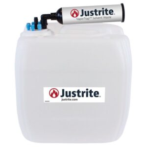 The white Justrite Car features a VaporTrap adapter, blue valves, and prominently displays the logo and website. This efficient solvent waste container ensures 6Pt precision for streamlined disposal.