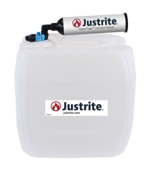 The white Justrite Car, Hdpe, 13.5L container, labeled VaporTrap Solvent Waste, features a cylindrical top, displays the Justrite logo and website URL, and includes the 70Cap Fil for secure waste management.