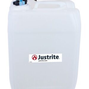 The Justrite Car HDPE 20L container features a cylindrical attachment with the brand logo and URL, two blue and black connectors for secure sealing, and a 7Port option for enhanced utility.