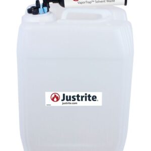 A 20L large white Justrite Car container made of HDPE, with VaporTrap™ Solvent Waste on top, and includes a small meter and valve for flow control.