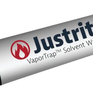 Image of a sleek white cylindrical container labeled Justrite VaporTrap™ Solvent Waste with a flame symbol, featuring black caps and the Justrite Filter for superior carbon filtration. Available in a pack of one, it ensures safe solvent disposal.