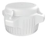 The white, round plastic bottle cap, similar to a Justrite Car Cap, has ribbed sides and three raised tabs for grip. This 53mm cap is against a plain background.