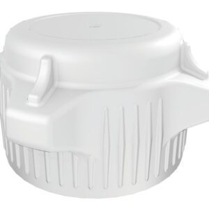 The white, round plastic bottle cap, similar to a Justrite Car Cap, has ribbed sides and three raised tabs for grip. This 53mm cap is against a plain background.