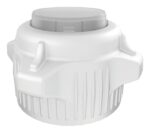 The Justrite Car Cap, 53Mm, features a white cylindrical plastic design with ridged sides and a flat top. It includes three tabs for grip or attachment and comes in a convenient 2Pk. Designed for versatile Closd Adp applications, it fits a 53Mm opening perfectly.