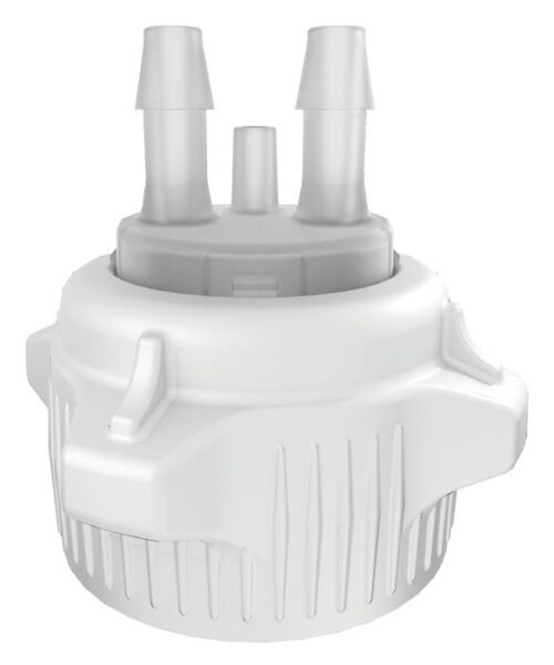 The Justrite Car Cap, a white cylindrical plastic piece with ribbed sides and three top nozzles, features a precise 53mm measurement.